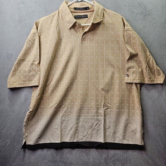 Tommy Hilfiger Polo Shirt Mens 2XL Tan Hawaiian Print Faded Brown Short Sleeve - Picture 1 of 9